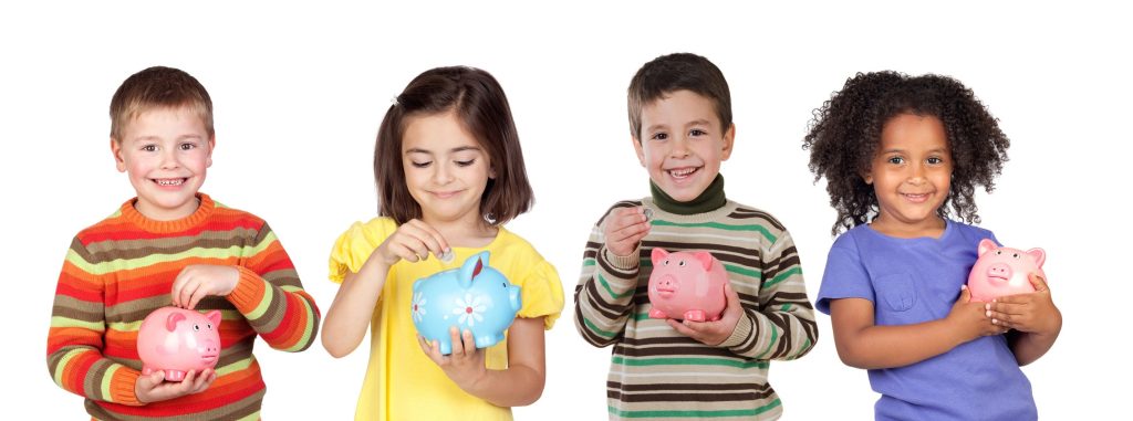 Four funny children with money-box